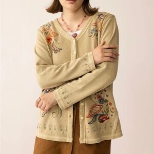 Embroidered Beige Floral Button-Front Top